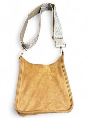 Ah-dorned Tan Suede Vegan Crossbody Bag with Patterned Strap